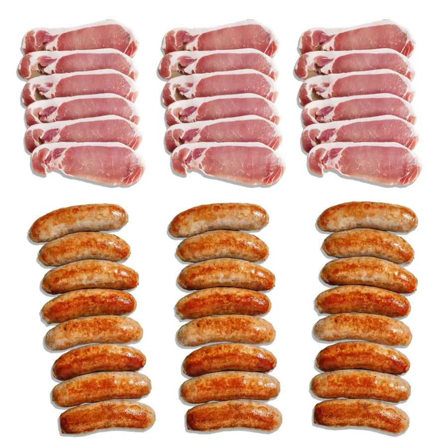 Raw back bacon rashers and pork sausages laid out in rows