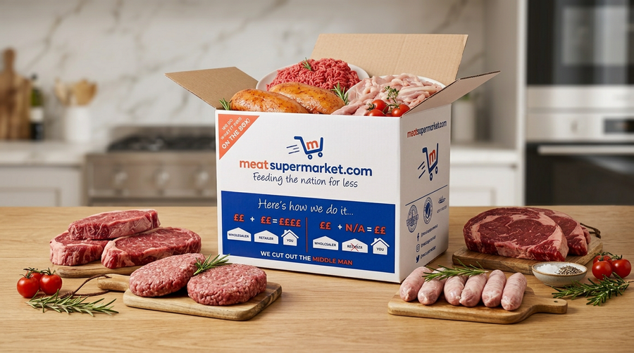 A meatsupermarket.com box with packs of fresh steaks – bulk buy meat from our online butcher