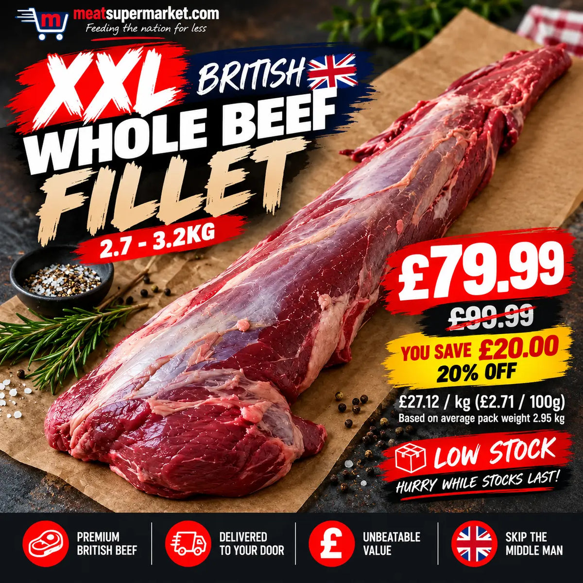 XXL British Whole Beef Fillet 2.7-3.2kg – buy steaks online from an online butcher UK