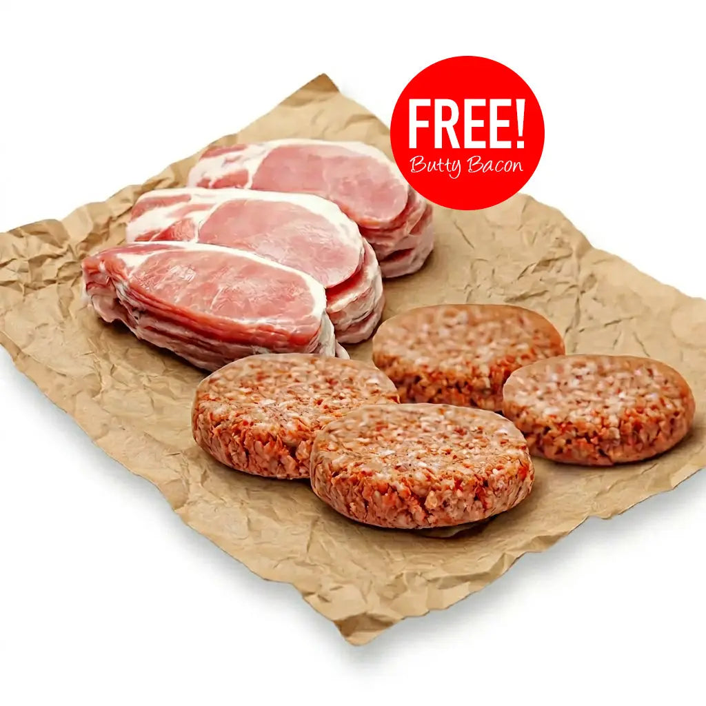 12 Butcher’s Lamb Burgers with 2kg FREE Butty Bacon