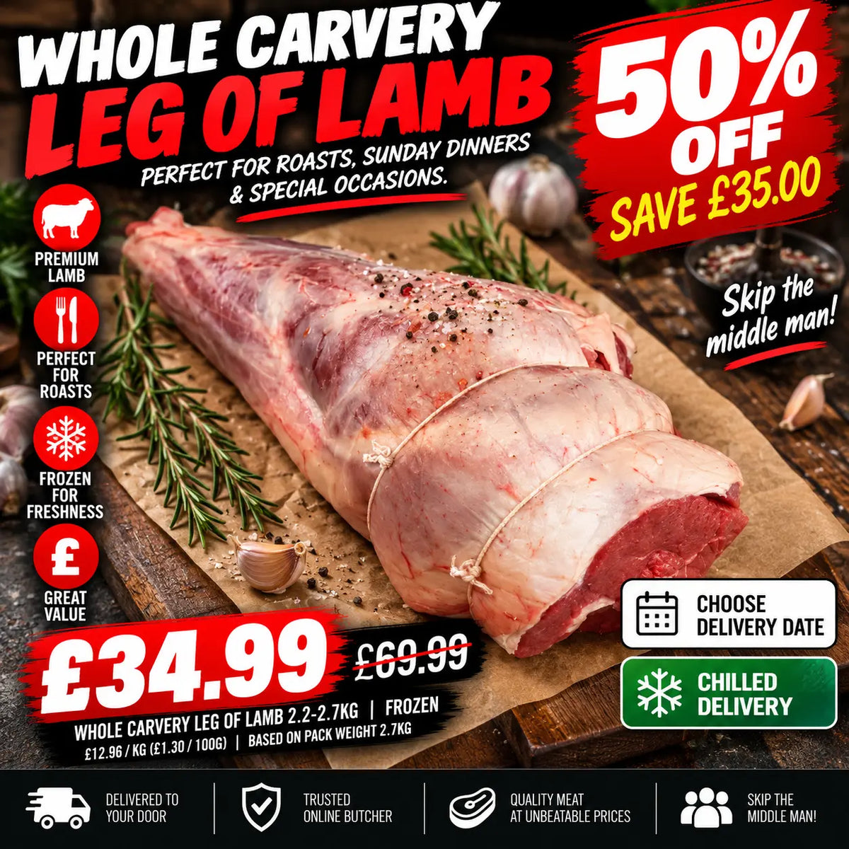 Whole Carvery Leg of Lamb 2.2-2.7kg