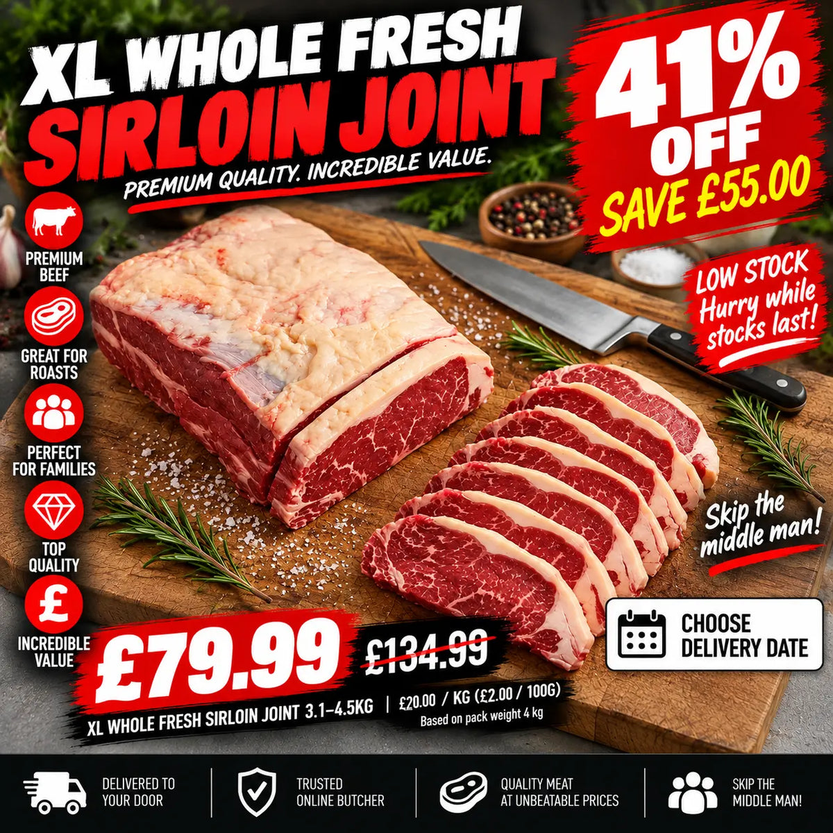 XL Whole Fresh Sirloin Joint 3.1-4.5kg