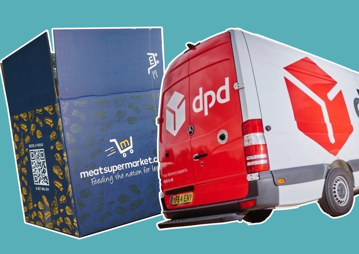 A meatsupermarket.com box beside a DPD van – free UK meat delivery on orders over £85
