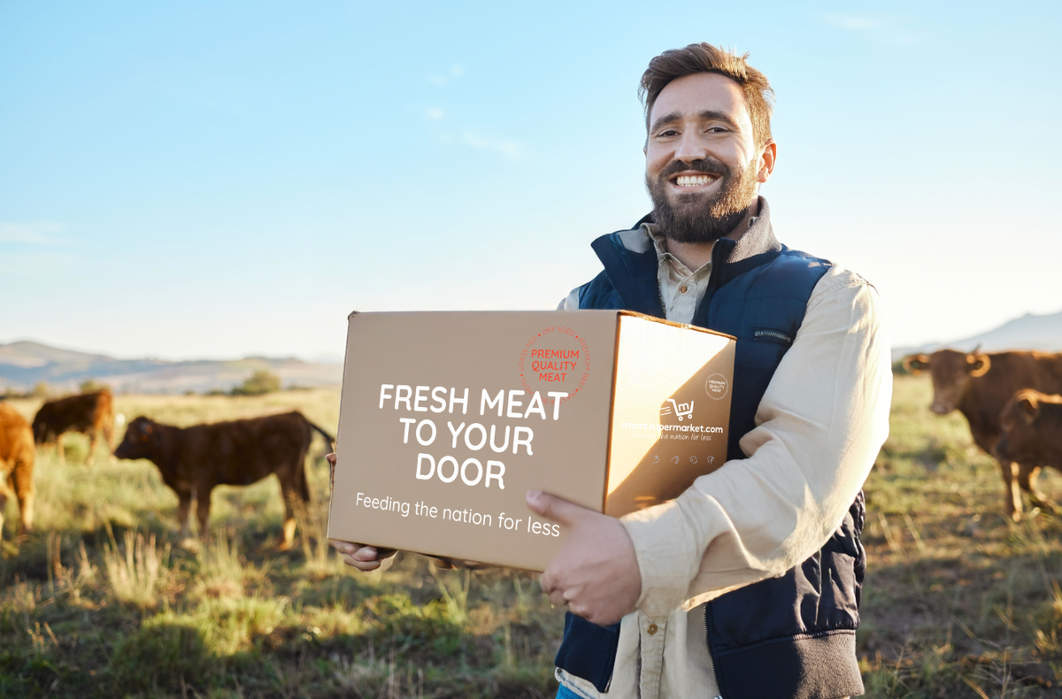 Online butcher meat delivery box with beef steaks, lamb chops, and pork
