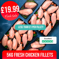 5KG Fresh Chicken Fillets with promotional text on a blue background