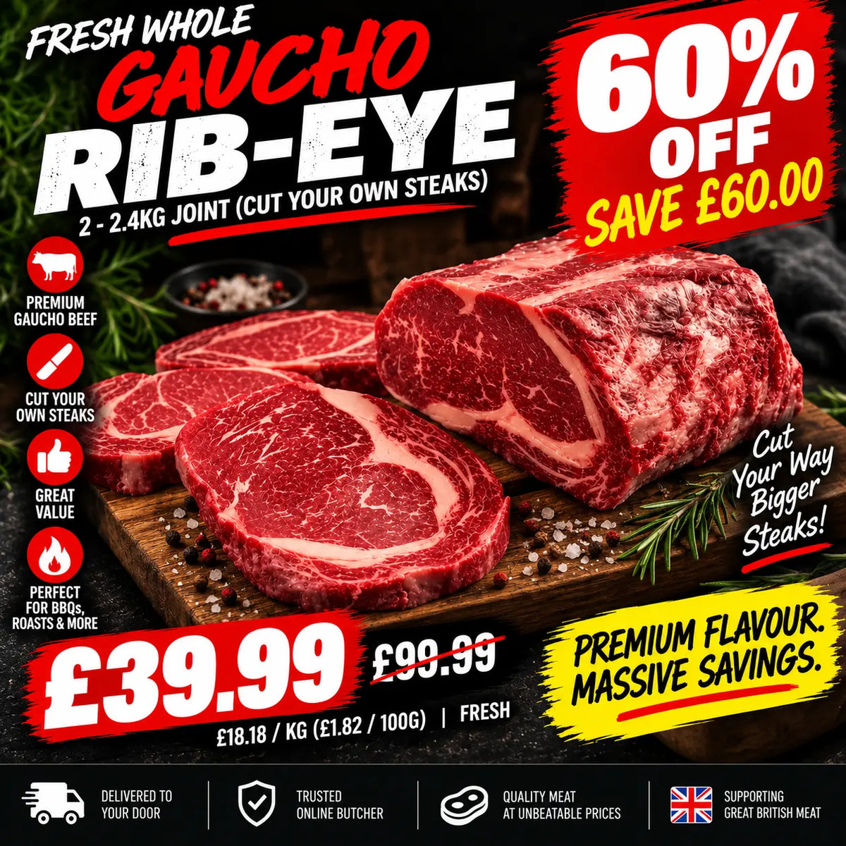 Fresh Whole Gaucho Rib-eye 2-2.4kg (Cut your own steaks) Beef meatsupermarket.com