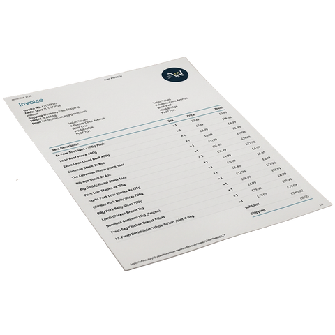 Printed order invoice listing every item packed in your meatsupermarket.com meat box
