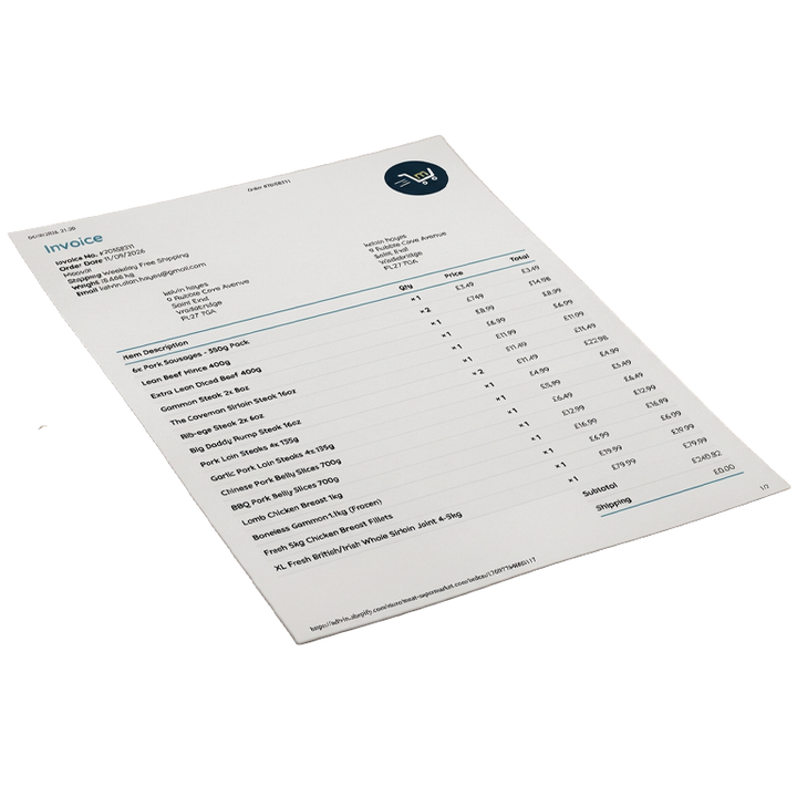 Printed order invoice listing every item packed in your meatsupermarket.com meat box