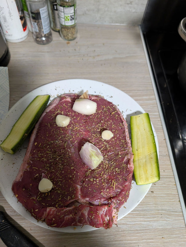 Customer review photo: Gladiator sirloin steak seasoned with garlic and herbs on a plate