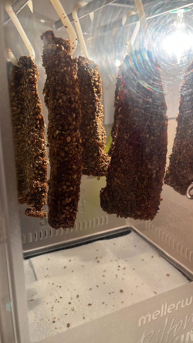 Homemade biltong drying, made from a whole sirloin joint – customer photo of meatsupermarket.com sirloin