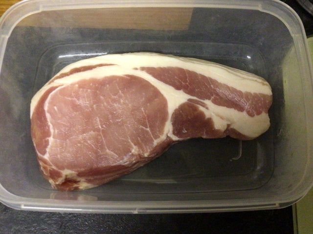 Customer review photo: thick unsmoked back bacon rasher in a tub
