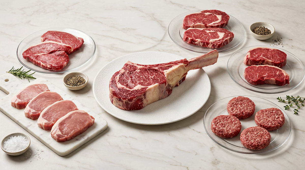 Steak gift box of a tomahawk, ribeye and sirloin steaks, pork steaks and steak burgers – buy steak boxes online