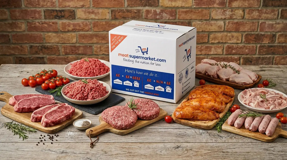Meat box from our online butcher with sirloin steaks, beef mince, burgers, piri-piri chicken breast, chicken thighs, bacon and pork sausages