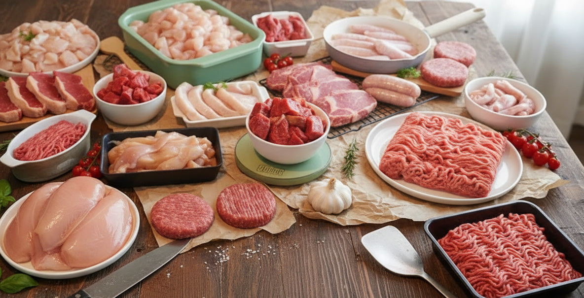 Bulk buy meat spread: chicken, mince, steaks, sausages and burgers on a table – meat prices per kg