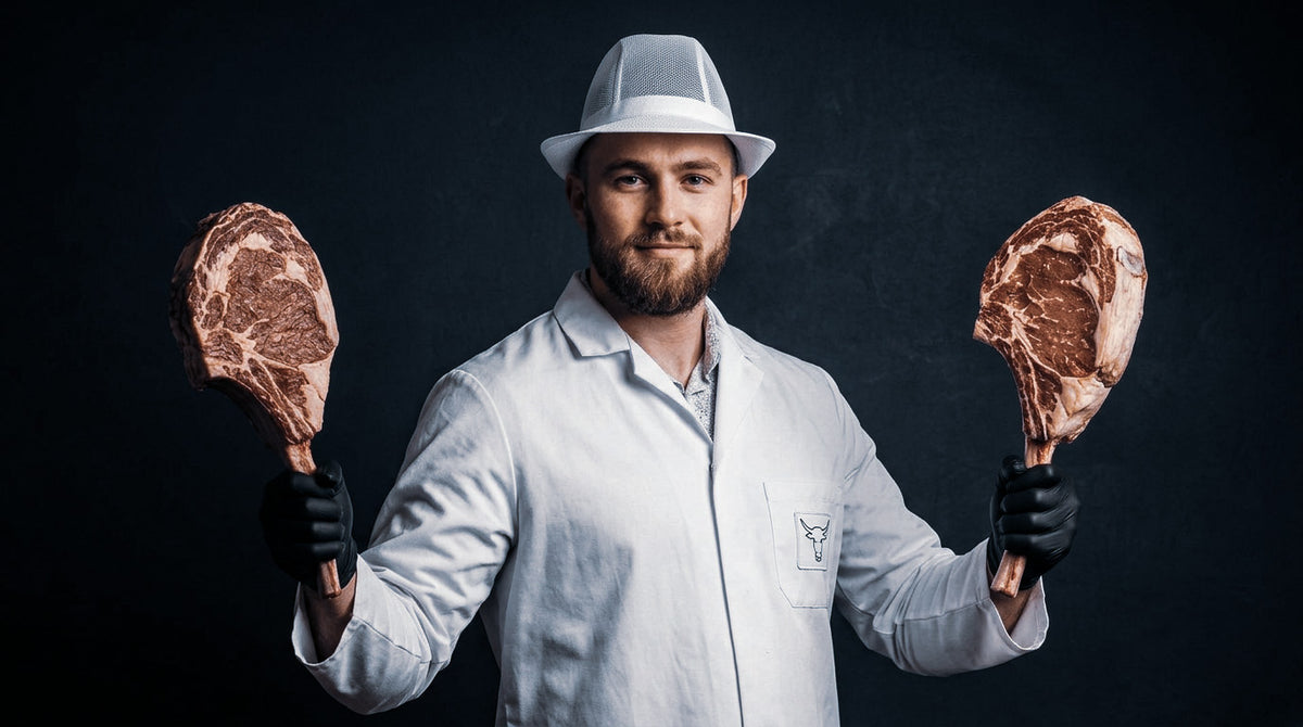Butcher in a white coat holding two raw tomahawk steaks – watch Meatsupermarket.com butcher videos on TikTok