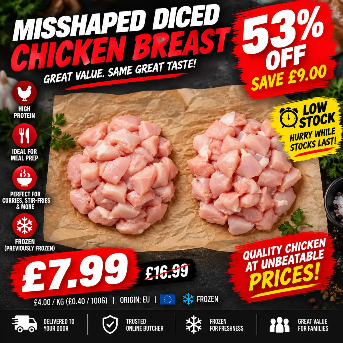 Misshaped Diced Chicken Breast 2kg (Previously Frozen)