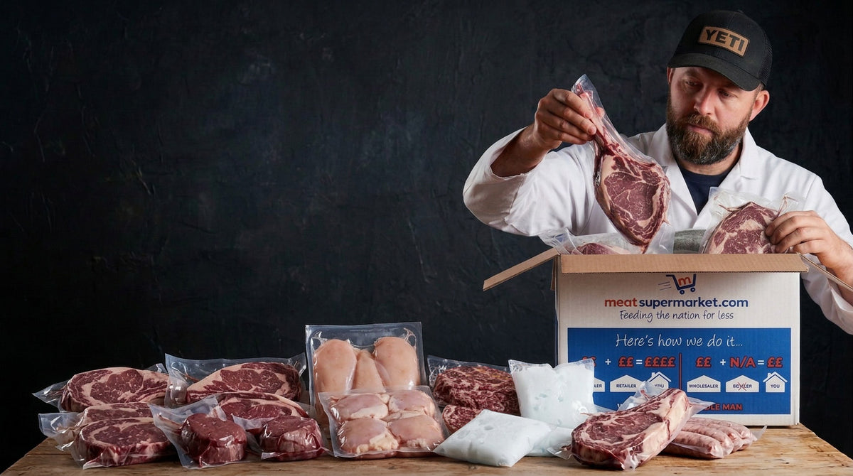 Our online butcher packing a meatsupermarket.com box with fresh steaks and vacuum-packed meat